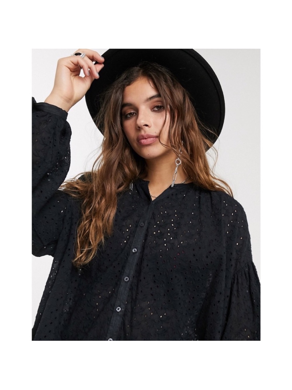 Free People Black Eyelet Button-Down Blouse